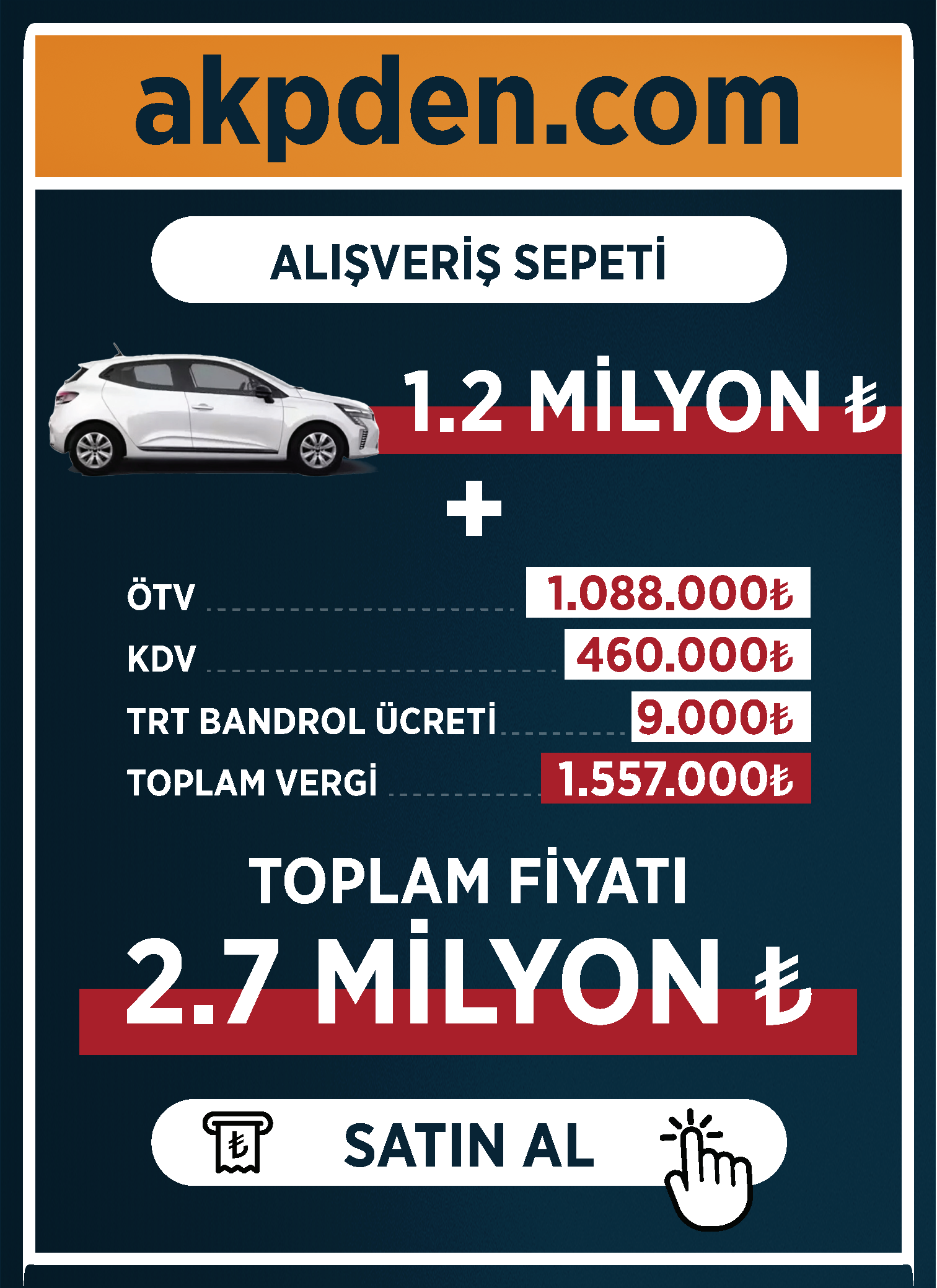 ÖTV, KDV ve TRT bandrolüyle birlikte toplam fiyat: ₺ 2.7 milyon