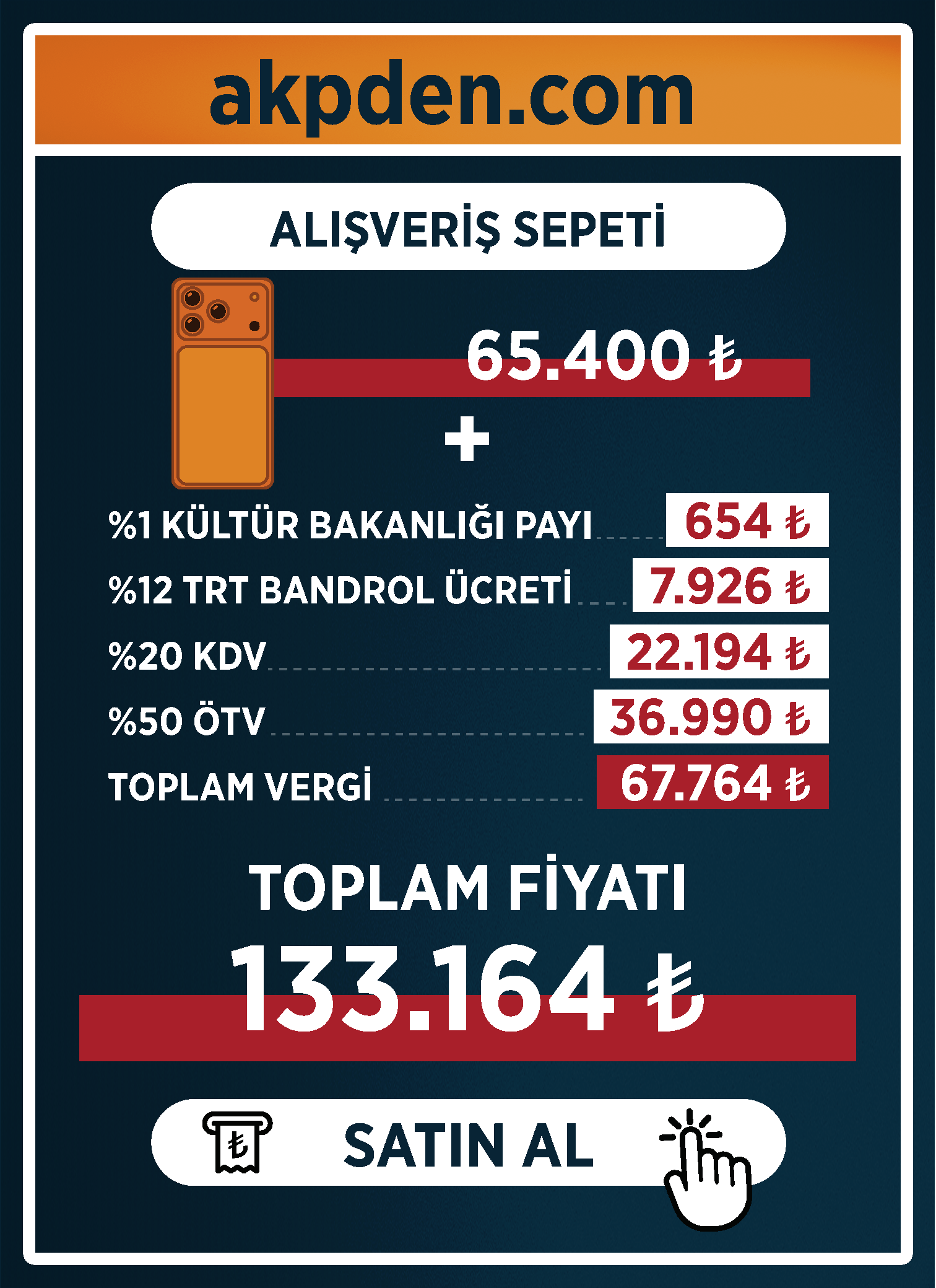 ÖTV, KDV, TRT Bandrol ve Kültür Bakanlığı Payı ile toplam fiyat: ₺ 133.164